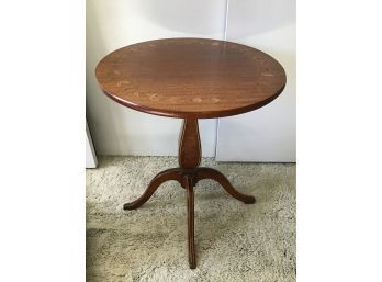 Round Mahogany Floral Inlay Pedestal End Table, 20D X 24H