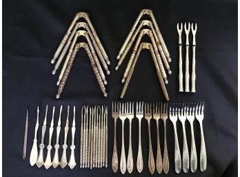 Silverplate And Stainless Seafood Utensil Lot - Crackers, Picks And Forks