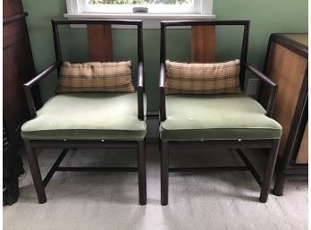 Pair Of Mid Century Dining Arm Chairs, Walnut Accented By Ebonized Walnut, Green Velvet Seats,custom Lumbar Pi