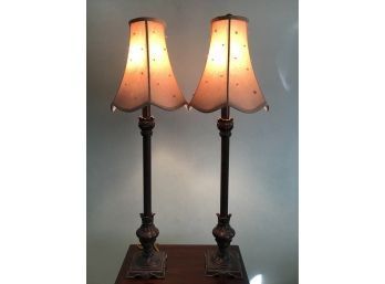 Pair Of Berman Candlestick Lamps, Bronze Finish - Scalloped Edge Shades With Bead Detail