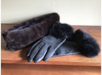 Leather Insulate Gloves With Fur Detail Sized M And Faux Fur Neck Wrap With Velcro Closure