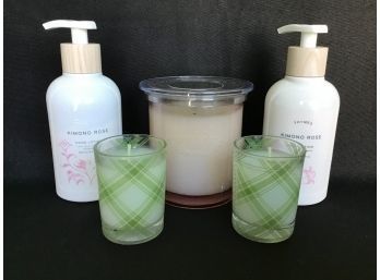 Thymes Lot - Frasier Fir And Kimono Rose Candles, Handlotion ( One Unused, One Partially Used)
