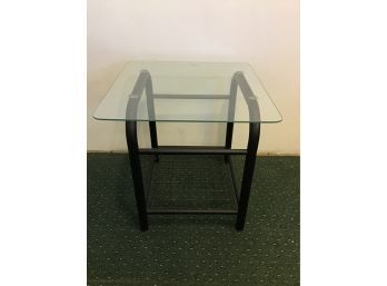 Black Tubular Metal End Table With Tempered Glass Top