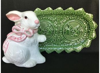 Bordallo Pinheiro Rabbit Green Platter And Ceramic Bunny