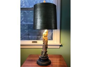 Antique Carved Chinese Soapstone Guanyin Kwan Yin Statue On Bronze Base Lamp, Jade Finial, 1930s
