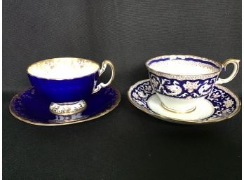 Bone China Teacups/ Saucers  - Aynsley Cobalt Blue W Gold Gilding Handle, Crown Royal Staffordshire Ellesmere