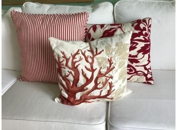 Set Of 3 Pillows - Red/white Stripe, Rust Cream Coral, Red/ White Floral With Stripe On Reverse