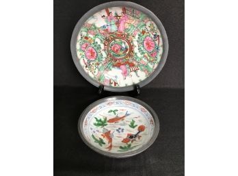Vintage Japanese Porcelain Ware Encased Pewter Bowls Rose Medallion And Koi Patterns