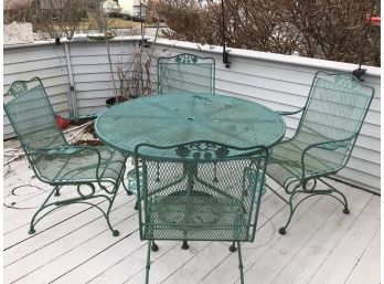 Outdoor Iron Dining Table, Chairs And Umbrella Stand