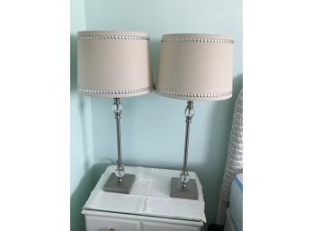 Pair Of Brushed Nickel Lamps, Taupe Shades With Nailhead Detail, 3 Way - 28H