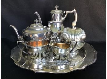 Silverplate Tea Set And Tray - Pieces Have Similar Fluted Design - Gorham, Christophersen, Nickel, Plus