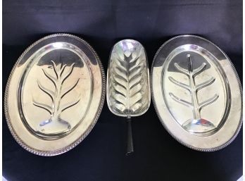 Silver Plate - Two Tree Of Life Meat Trays - By Poole And Wm Rogers, Leaf Dish With Black Handle
