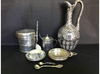Sterling Silver Lot - Jam Pot, Porringer Bowl, Pierced Overlay Pitcher, Butter Pat Trays, Coasters, Spoons