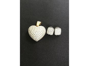 Swarovski Lot -  Gold Plated Pave Crystal Heart Pendant With Pave Crystal Earrings