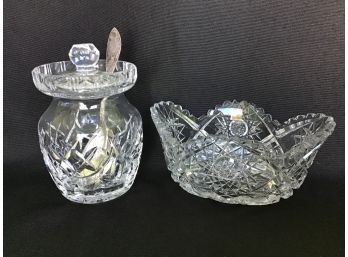 Crystal Jam Jar With Sterling Silver Spoon And American Brilliant Bowl