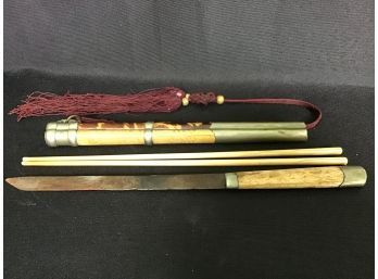 18th Century Japanese Knife And Bone Chopstick Set In Tortoise Shell Covered Case
