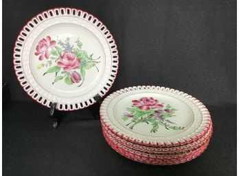 Set Of 8 Antique 19th Century French K&G Luneville Faience Pierced Rim Plates, Hand-painted Flowers