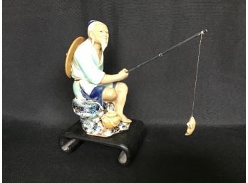Ceramic Chinese Mud Man Fisherman Figurine On Pedestal