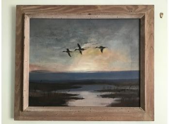 Painting, Flying Geese Over Marsh, Signed, 20.5 X 24.5