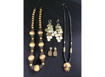 Jewelry Lot Including Black Beaded Necklace With Egyptian Diety Aztec Warrior Pendant