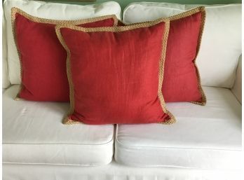 Red Linen Pillows With Rope Like Edge, Set Of 3