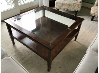 Large Square Mahogany Finish Glass Top Coffee Table With Shelf