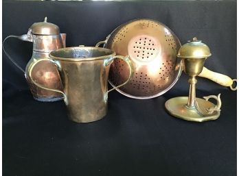 Antique 1800s Persian Copper Handwrought Lidded Pitcher, Russian Arts & Crafts Brass And Copper 3 Handled Cup
