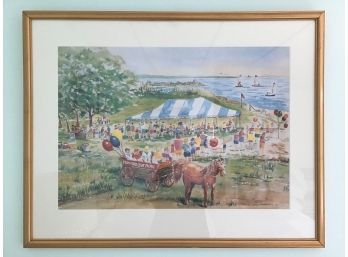 Watercolor Mumford Cove Picnic, Signed By Local Artist, Lolly Stoddard, 1995