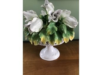 Handpainted White Ceramic Tulips In White Compote, Italy