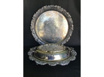 Ornate Silverplated Lidded Serving Dish And Round Platter