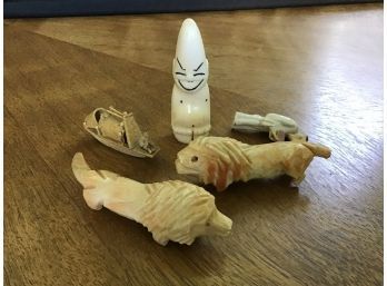 Miniature Lot Of Interesting Items Including Eskimo Billiken Walrus Ivory Carving And Ivory Lions, Circa 1900