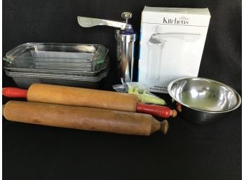 Baking Lot #2 - Pyrex And Metal Breadpans, Cookie Gun, Rolling Pins And Stainless Bowl