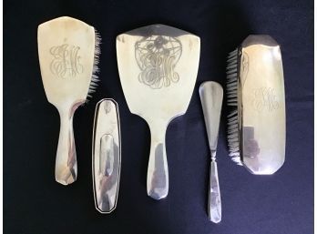 Sterling Silver Vanity Lot #1 - Brushes, Mirror, Oval Box And Shoehorn, All Monogrammed ELM