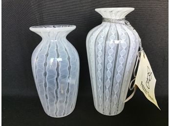 Art Glass - Prescient Studios Handblown Vases White Latticino Design, Signed On Bottoms