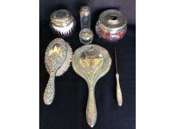 Sterling Silver Embossed Vanity Lot #2 - Brush, Mirror, Button Hook, Lidded Glass Jars Various Sizes