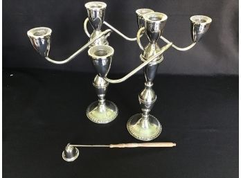 Pair Of Sterling Silver Candelabras, 3 Arm Convertible, Duchin Creations And Sterling Snuffer