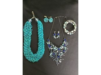 Statement Necklaces And Earrings Lot Including Beautiful Blue Crystal Bib Necklace  And Beaded Turquoise Piece
