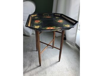 Black Handpainted Tole Tray Table On Foldable Base