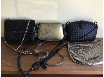 Evening Bags - 2 Black, Silver Mesh And A Very Interesting Brass Metal From India, Possibly
