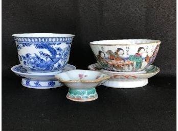 1920s Chinese Teacups With Donut Saucers And Small Dish