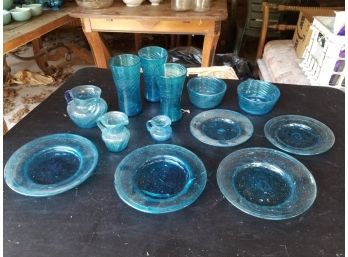 Vintage Handblown Italian Blue Bubble Glass Serving Collection