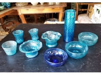 Vintage Handblown Blue Bubble Glass Small Collection