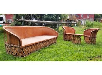 Vintage Mexican Equipale Pigskin Sofa, Barrel Chairs And Side Table