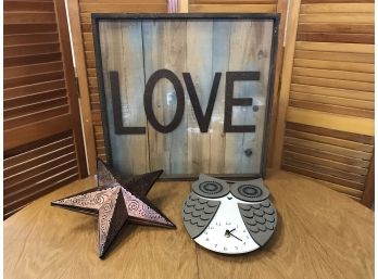 Love Plaque And Metal Star And Owl Clock