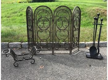 Ornate Fireplace Screen And Log Holder And Tools -Wilton Pickup