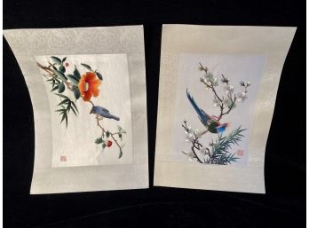 Two Asian Silk Thread On Paper Colorful Birds With Florals