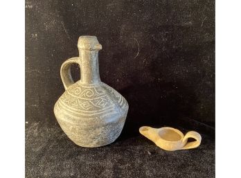 Antique Bird Head Oil Jar And Small Oil Lamp