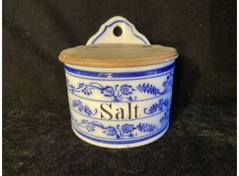 Antique Blue/White Ceramic Salt Container From Vermont Farmhouse