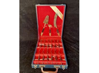 Thai Lapidary Stone And Brass Dessert Service In Hard Storage Case