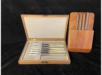 Six Sterling Silver Sheffield 'Luxner' Steak Knives In Wood Case Plus Four Robeson Steak Knives On Wood Rack